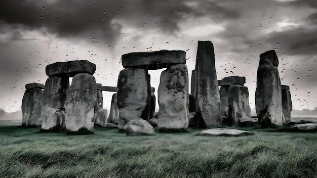 Foto ad alto contrasto delle pietre di Stonehenge a Sailsbury, Regno Unito, in una giornata nuvolosa e piovosa con l'erba verde