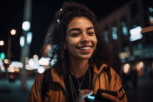 Foto ad angolo ampio di una giovane donna messicana ispanica in abiti alla moda usando un telefono cellulare sullo sfondo di una strada cittadina notturna Generative AI AIG18