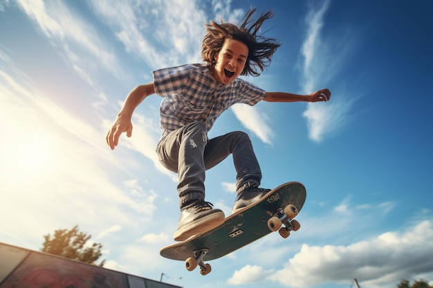 foto ad angolo basso di un adolescente allo skatepark che si diverte