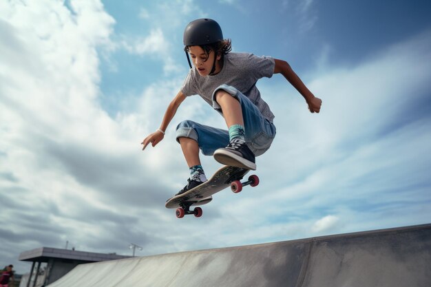 foto ad angolo basso di un adolescente allo skatepark che si diverte