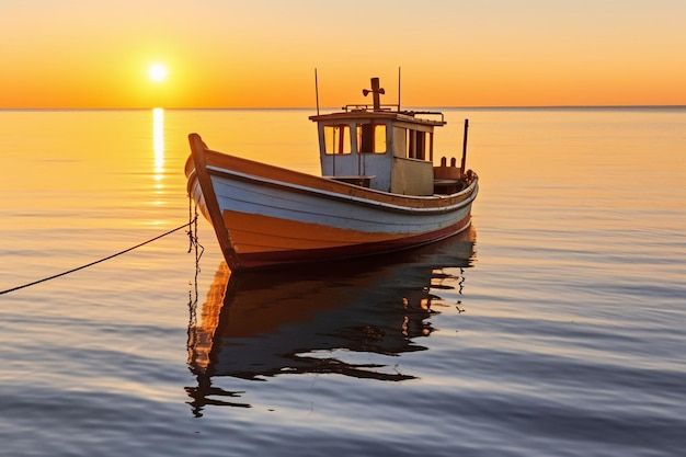 Foto ad angolo molto basso della calma serena liscia acqua del Mar Mediterraneo e barca AI generativa