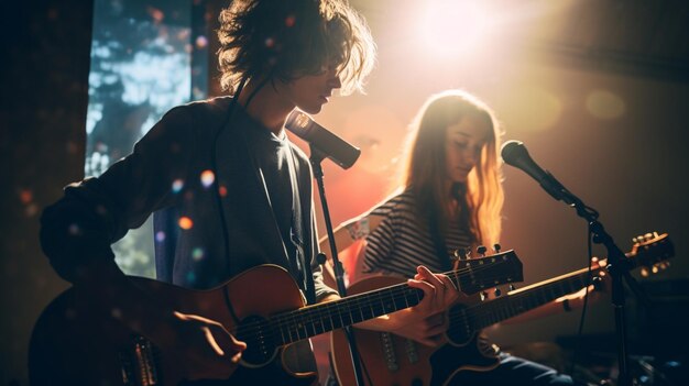 Foto adolescente ragazzo e ragazza che registrano musica