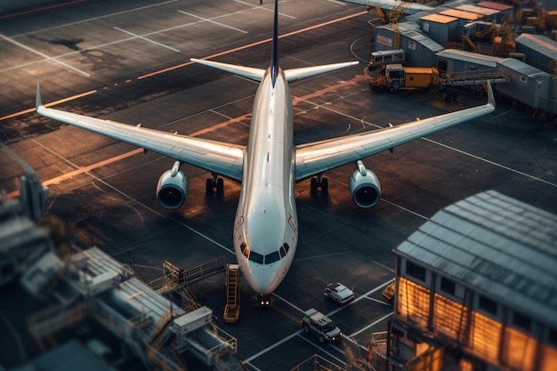 Foto aerea del drone dell'aereo visto dall'alto ancorato in aeroporto