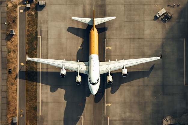 Foto aerea del drone dell'aereo visto dall'alto ancorato in aeroporto