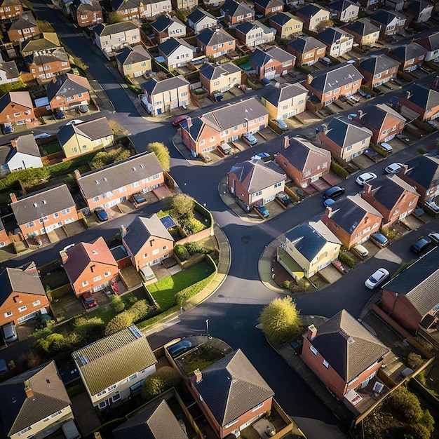 Foto aerea di un tipico complesso residenziale britannico nel villaggio di Middleton a Leeds, West Yorkshire