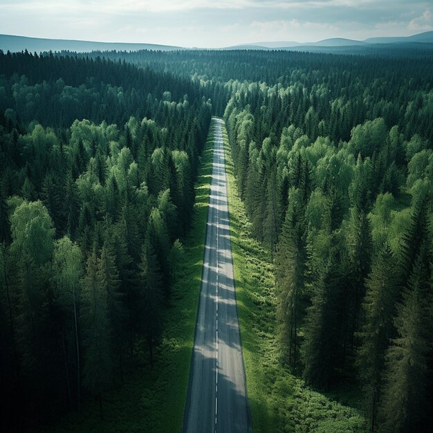 foto aerea di una strada vuota circondata da alberi di conifere verdi