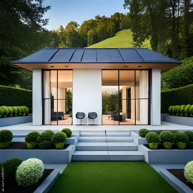 Foto ai immagine di una casa residenziale di lusso contemporanea con finestre e balcone circondata da alberi