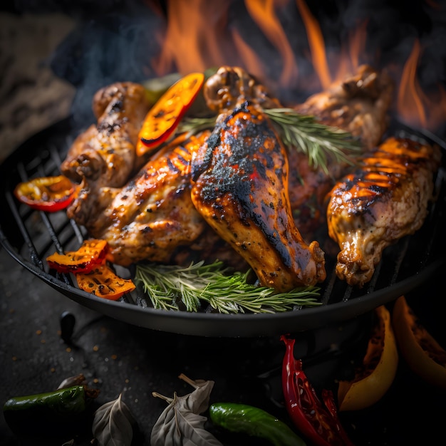 foto ali di pollo alla griglia sulla griglia ardente con verdure grigliate in salsa barbecue con pepp