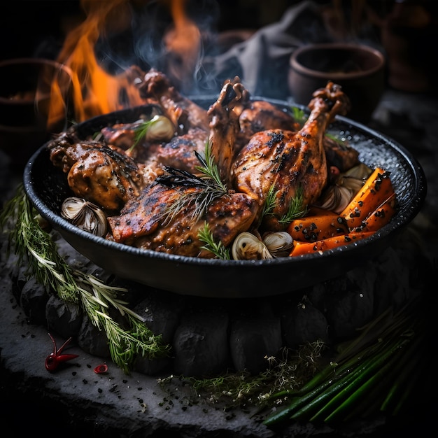 foto ali di pollo alla griglia sulla griglia ardente con verdure grigliate in salsa barbecue
