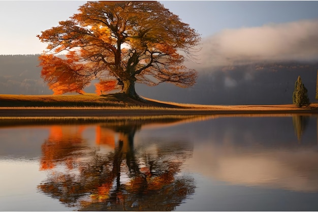 Foto astratto singolo albero d'autunno in piedi nell'erba lunga sulla riva di un fiume primo piano estremo rendering 3D