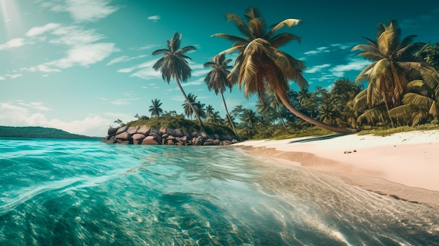 Foto banner panoramica di una spiaggia tropicale con palme IA generativa