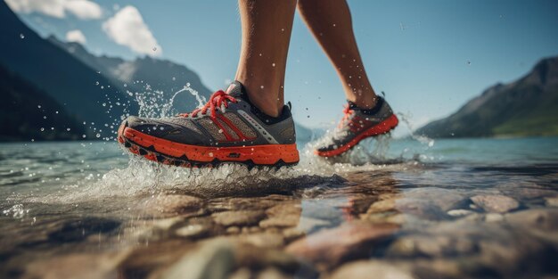 foto bassa di una gamba di un atleta 39s sullo sfondo di montagne scarpe sportive IA generativa