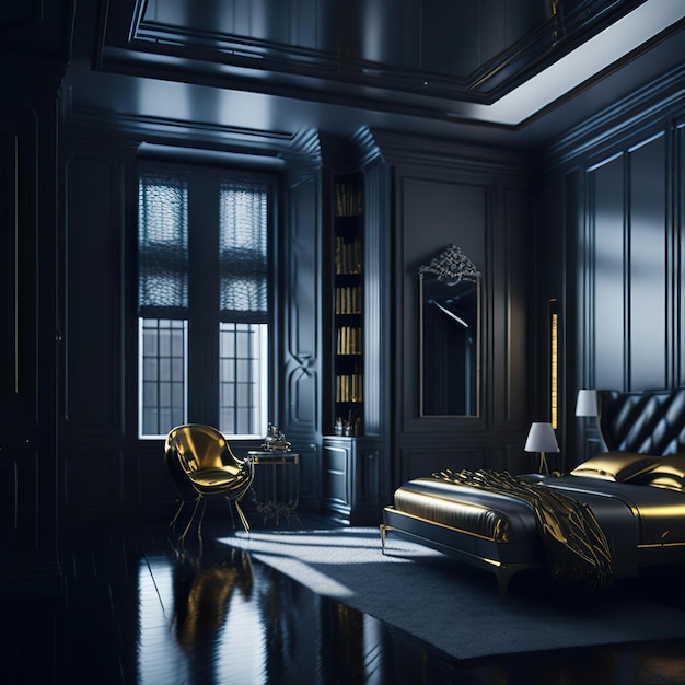 Foto bella camera da letto con dettagli dorati e mobili di lusso