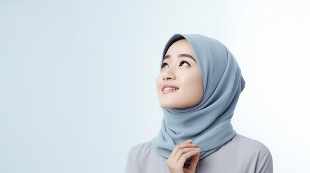 Foto bella donna musulmana asiatica e hijab che pensano un'idea mentre guardano in alto