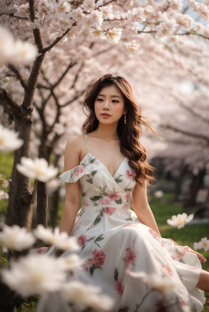 foto bellissima Asia con abito bianco in primavera