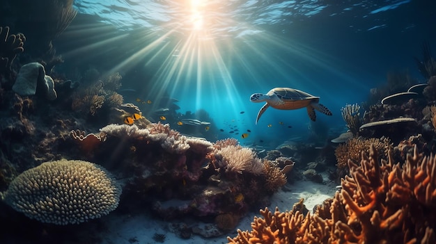 Foto bellissima barriera corallina con tartaruga oceanica
