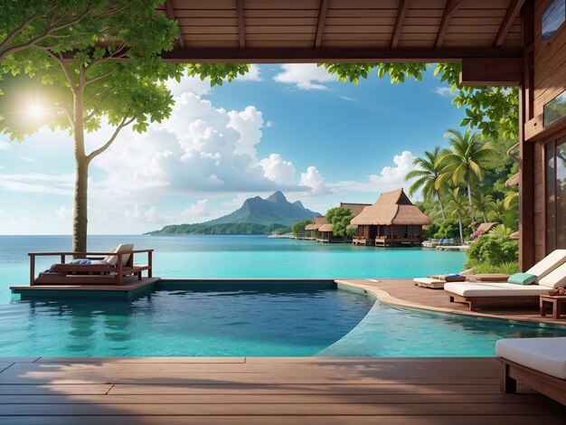 Foto bellissima vista dall'acqua villa con piscina