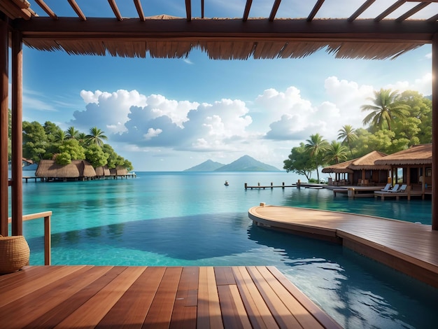 Foto bellissima vista dall'acqua villa con piscina