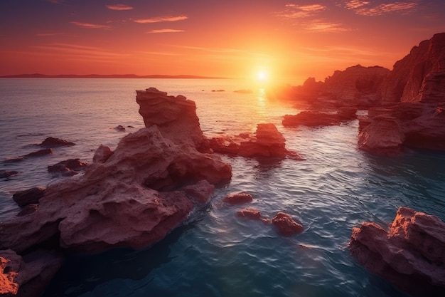 Foto bellissima vista sul mare al tramonto con scogliere rocciose