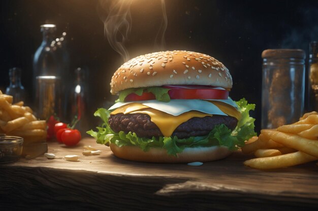 Foto bellissimo hamburger con formaggio e insalata