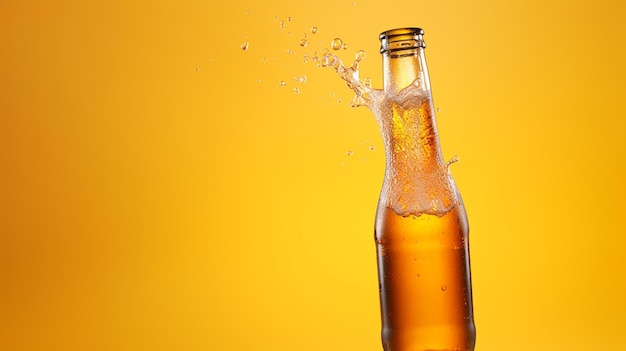foto bottiglia fredda di birra con gocce isolate su sfondo giallo