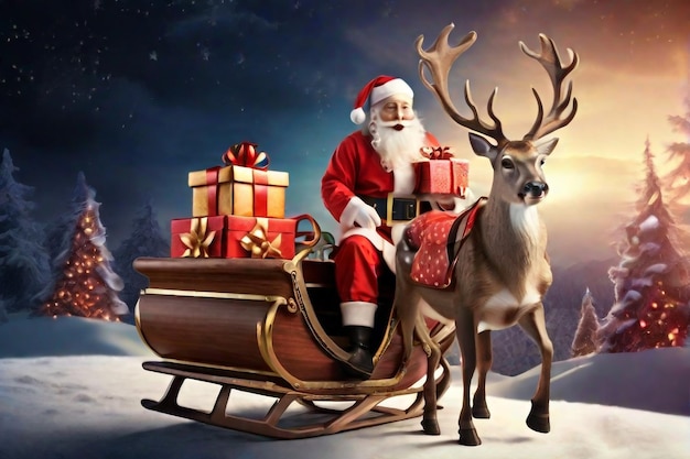 Foto Buon Natale con la scatola di regali della slitta di Babbo Natale dei cartoni animati