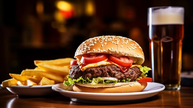 Foto burger e patatine fritte salsa di pomodoro con coca cola o birra