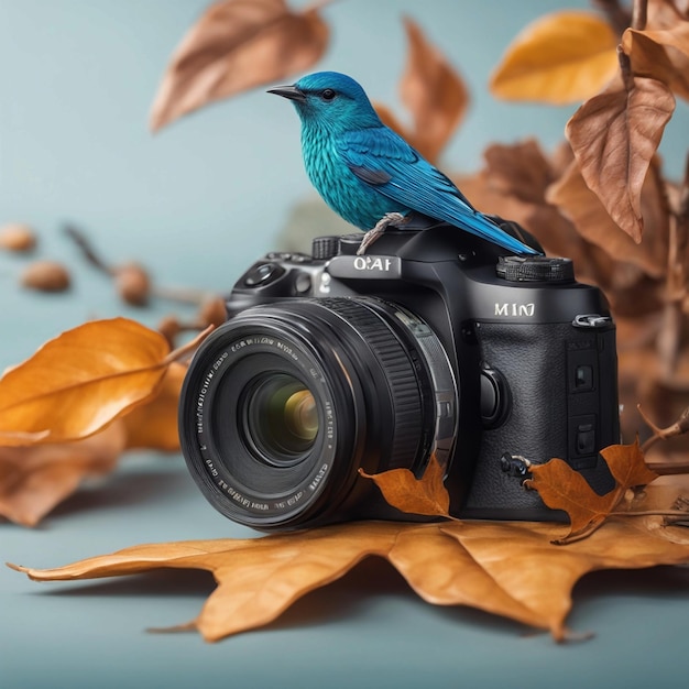 Foto c'è un uccello seduto su una telecamera con una foglia generativa