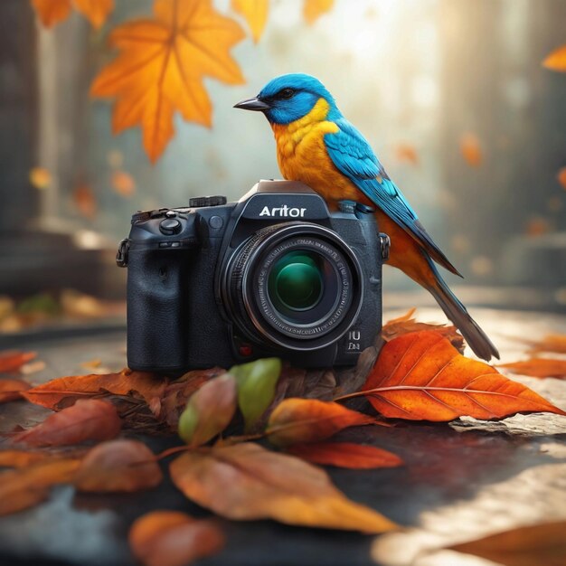 Foto c'è un uccello seduto su una telecamera con una foglia generativa