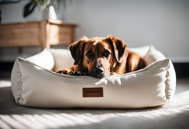 Foto cane a letto con tessuto bianco