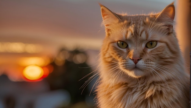 foto carino gattino all'aperto fissando il tramonto pelliccia soffice generato da ai