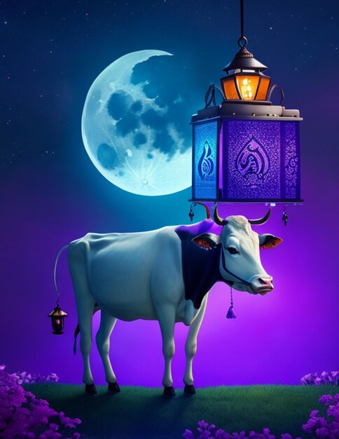 Foto cartella di auguri di Ramadan Mubarak con luna e lanterna generativa ai
