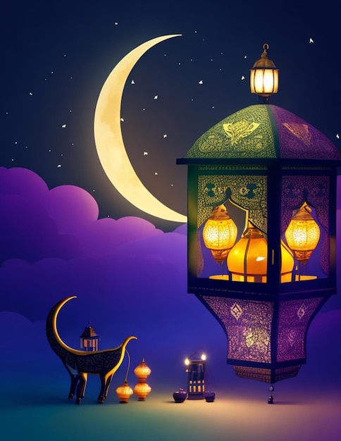 Foto cartella di auguri di Ramadan Mubarak con luna e lanterna generativa ai