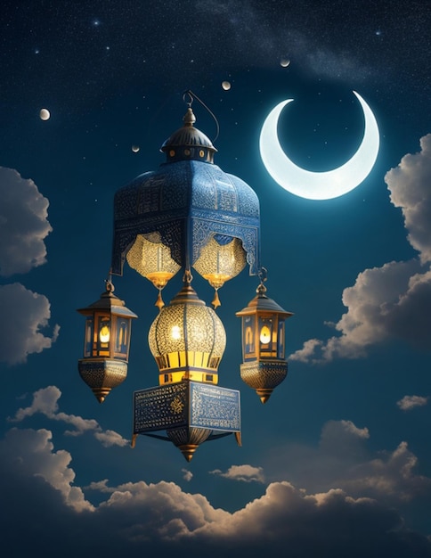 Foto cartella di auguri di Ramadan Mubarak con luna e lanterna generativa ai