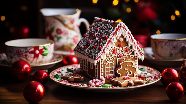Foto casa di Natale fatta di biscotti allo zenzero con l'uomo allo zenzero all'esterno decorato generato dall'AI