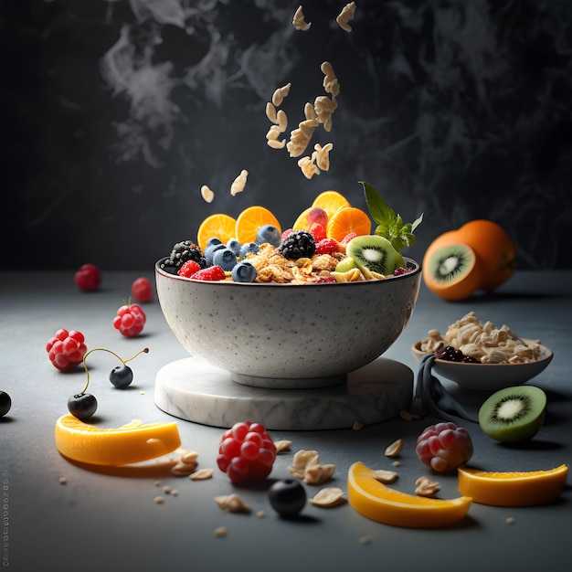 foto cereali in una ciotola e frutta mista su sfondo di marmo Fotografia alimentare