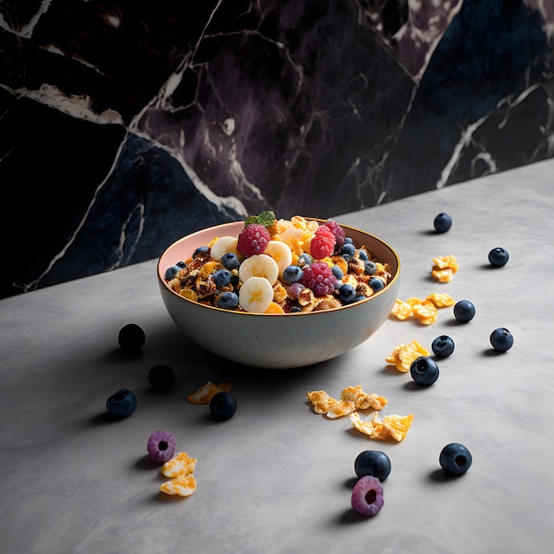 foto cereali in una ciotola e frutta mista su sfondo di marmo Fotografia alimentare