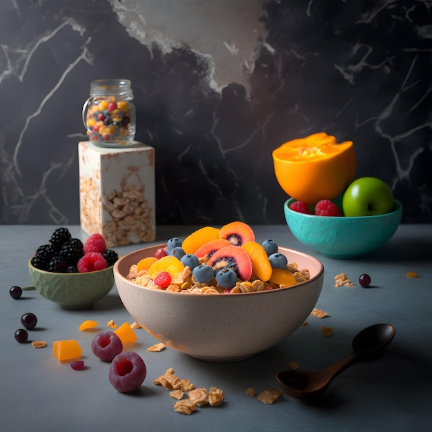 foto cereali in una ciotola e frutta mista su sfondo di marmo Fotografia alimentare