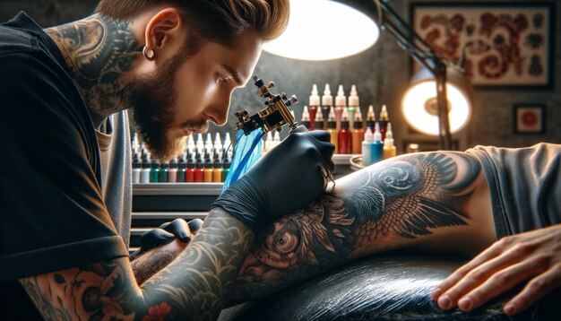 Foto che cattura il processo di un abile tatuatore che crea un capolavoro sulla pelle di un cliente