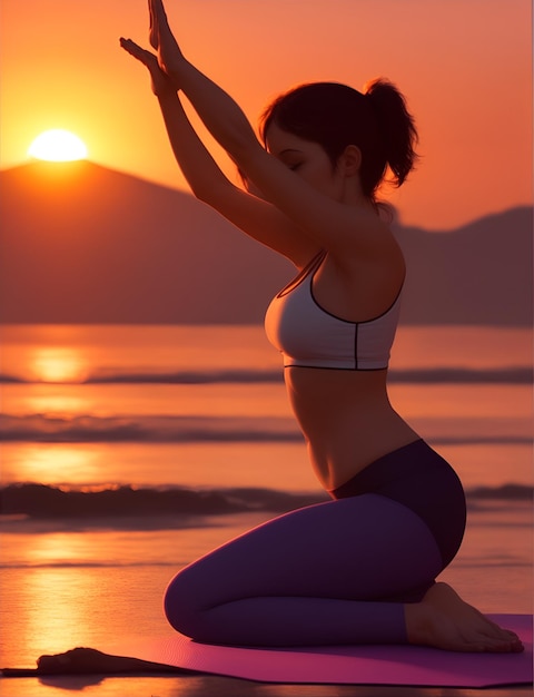 foto che mostra l'energia vibrante di una donna che pratica yoga nella luce del tramonto