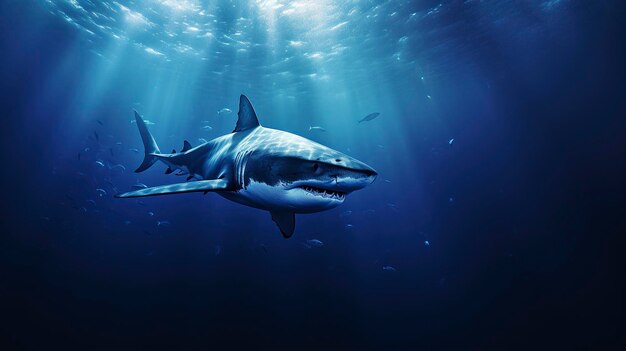Foto che mostra la furtività e la grazia di uno squalo che nuota senza sforzo attraverso il profondo mare blu