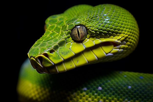 foto chondropython viridis serpente in primo piano con sfondo nero morelia viridis serpe