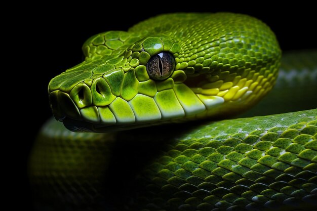 foto chondropython viridis serpente in primo piano con sfondo nero morelia viridis serpe