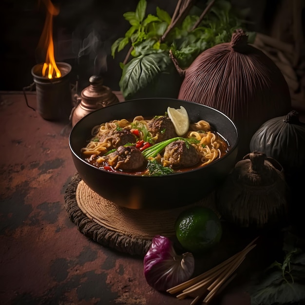 foto cibo tailandese, tagliatelle con carne di maiale, polpette e fotografia di cibo vegetale