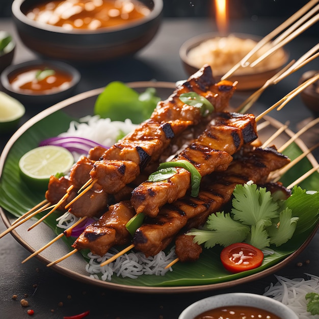 Foto cinematografica di delizioso satay indonesiano con fumo sottile generato da strumenti di IA