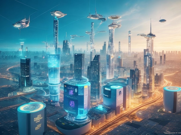 foto città intelligente futuristica con tecnologia di rete globale 5g