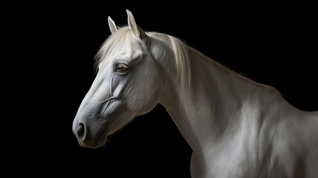 Foto Closeup colpo di testa di cavallo bianco su sfondo scuro