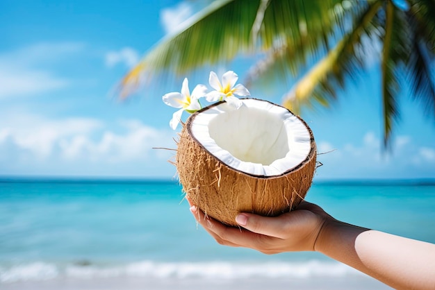 foto cocco fresco in mano con plumeria decorato sulla spiaggia con onde marine turista con frutta fresca