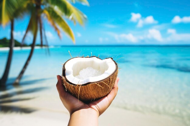 foto cocco fresco in mano con plumeria decorato sulla spiaggia con onde marine turista con frutta fresca