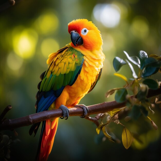 Foto colorata di pappagallo solare o pappagallo conure solare appoggiato su un ramo